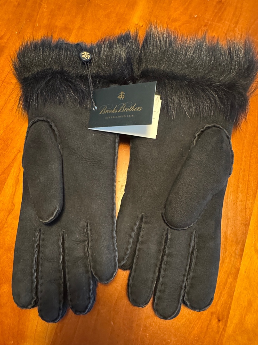 Brooks Brothers Black Suede Gloves with Faux Fur Cuff